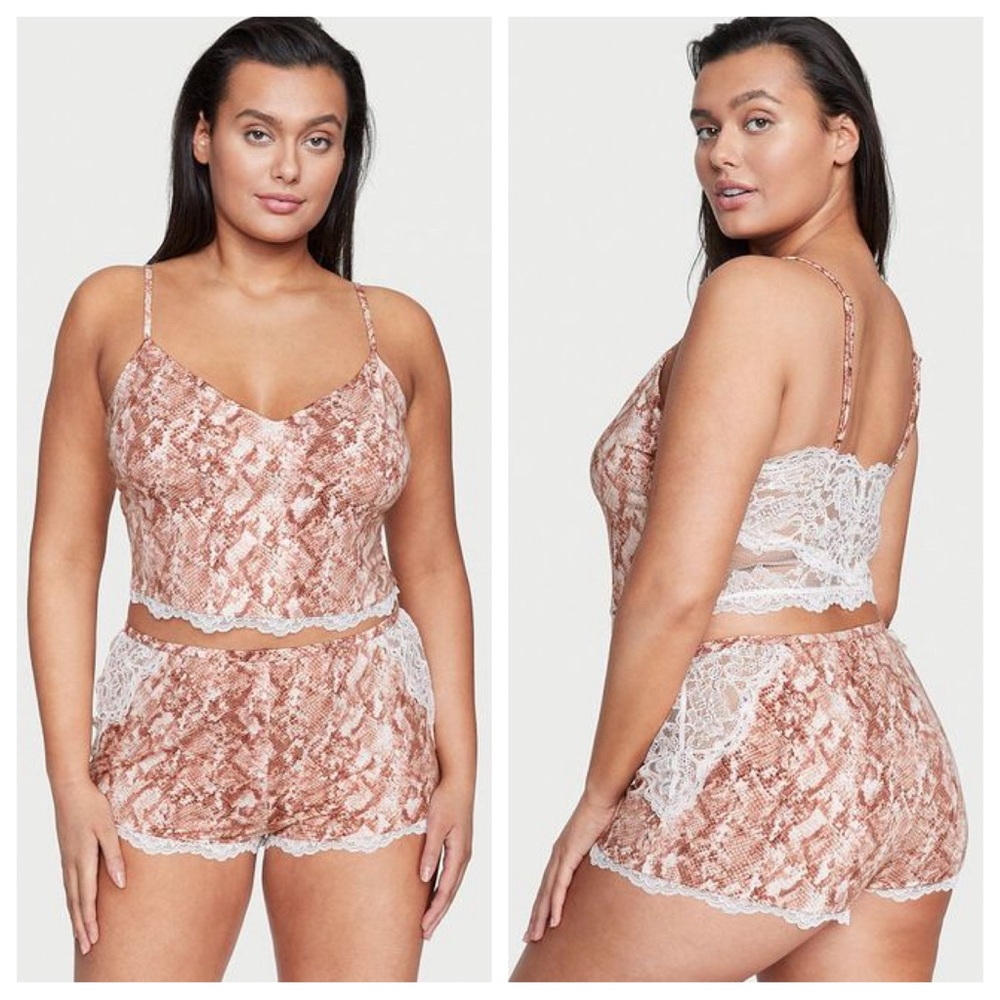 Vs Victorias Secret Modal Lace Back Cami Pajama Set Short/Tank Pink Snake XL